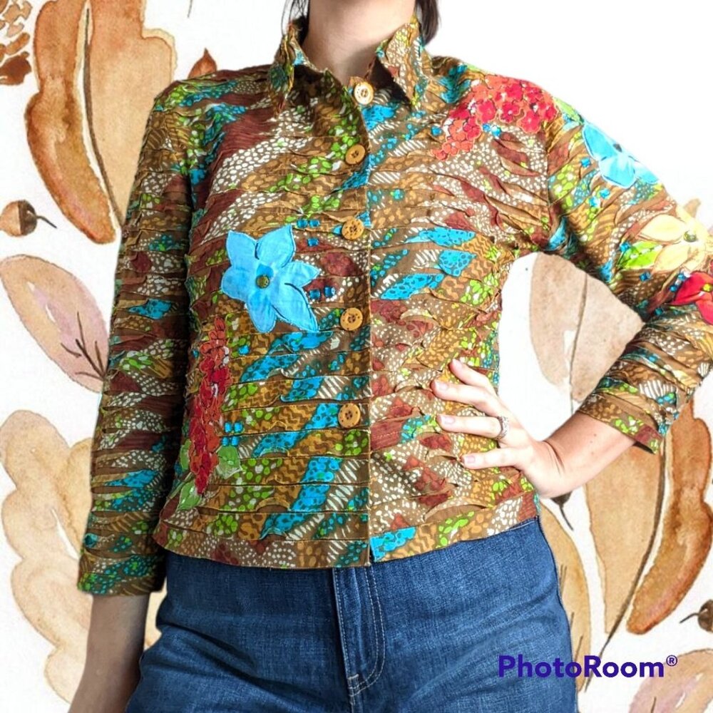 LifeStyle Petite Floral Boho Top Small Brown Blue Red